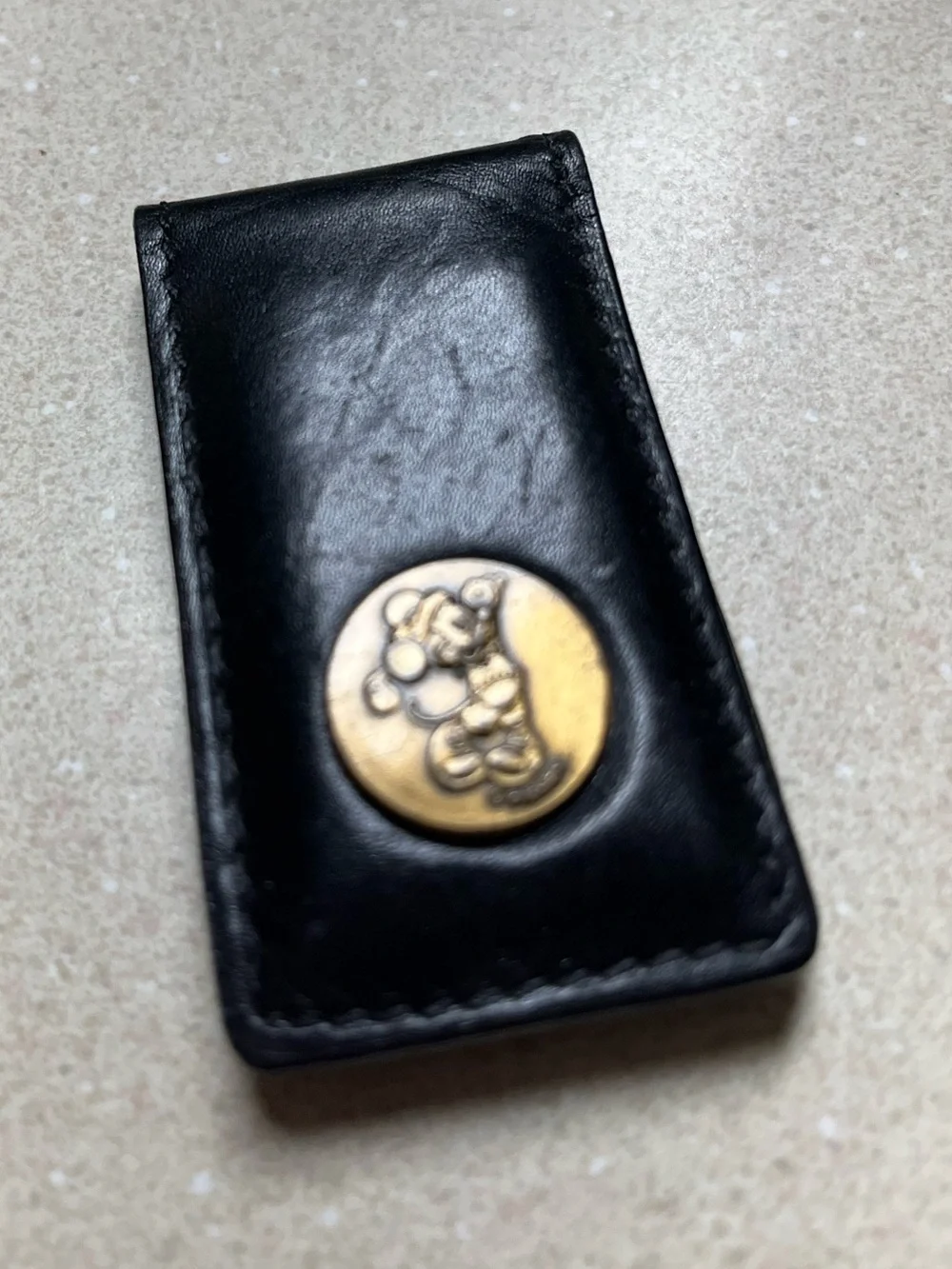 Black Leather Money Clip with Gold Tone Mickey Button